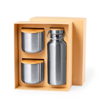 coffret personnalisable gourde 500ml et tasses 300 ml en bambou et acier inoxydable Dickinson