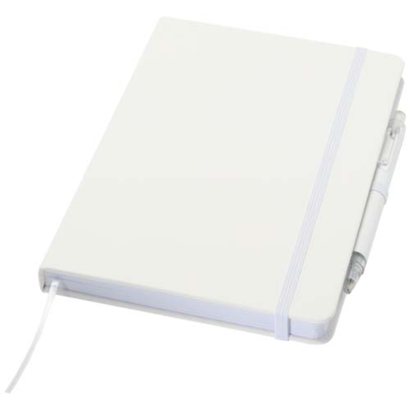 Ensemble personnalisable comprenant un cahier en papier recyclé FSC A5 et et un stylo à bille en aluminium RCS encre bleue Spect