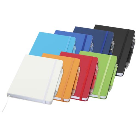 Ensemble personnalisable comprenant un cahier en papier recyclé FSC A5 et et un stylo à bille en aluminium RCS encre bleue Spect
