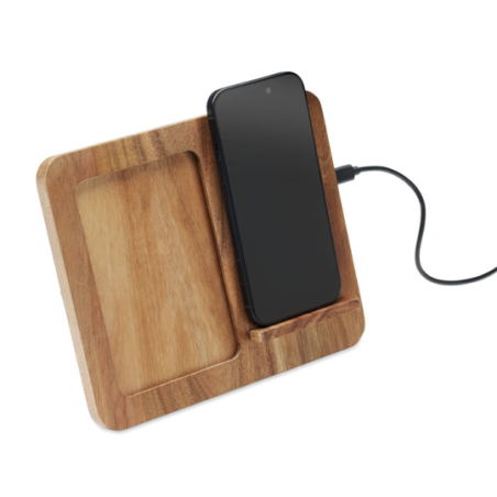 Support de téléphone publicitaire en acacia avec chargeur 15W et cadre photo - FINWOOD
