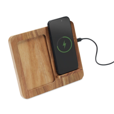Support de téléphone publicitaire en acacia avec chargeur 15W et cadre photo - FINWOOD