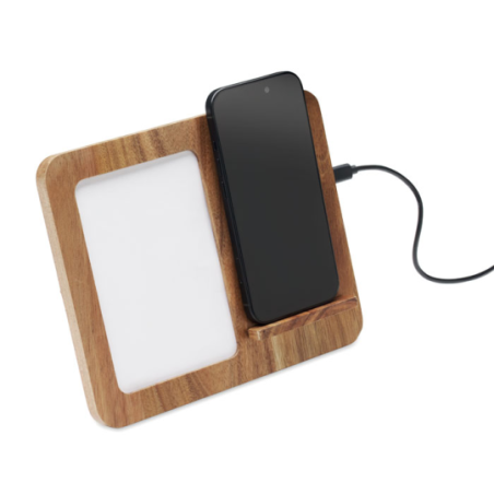 Support de téléphone publicitaire en acacia avec chargeur 15W et cadre photo - FINWOOD