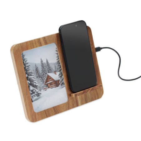 Support de téléphone publicitaire en acacia avec chargeur 15W et cadre photo - FINWOOD