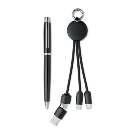 Coffret cadeau personnalisable 2 pièces avec stylo à bille en métal encre bleue et porte-clés câble de charge 2 en 1 INTWOS