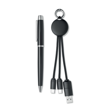 Coffret cadeau personnalisable 2 pièces avec stylo à bille en métal encre bleue et porte-clés câble de charge 2 en 1 INTWOS