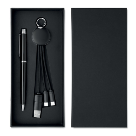 Coffret cadeau personnalisable 2 pièces avec stylo à bille en métal encre bleue et porte-clés câble de charge 2 en 1 INTWOS