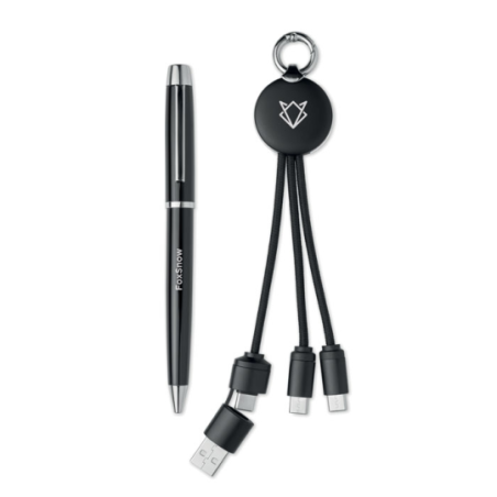 Coffret cadeau personnalisable 2 pièces avec stylo à bille en métal encre bleue et porte-clés câble de charge 2 en 1 INTWOS