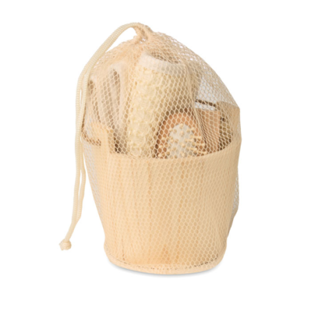 Coffret de bain publicitaire dans un baquet en bois SELFCARE