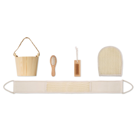 Coffret de bain publicitaire dans un baquet en bois SELFCARE