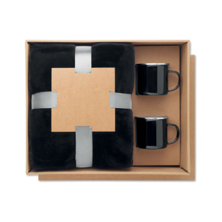 Coffret cocooning personnalisable avec un plaid et 2 mugs émaillé 350ml - AGRADABLE