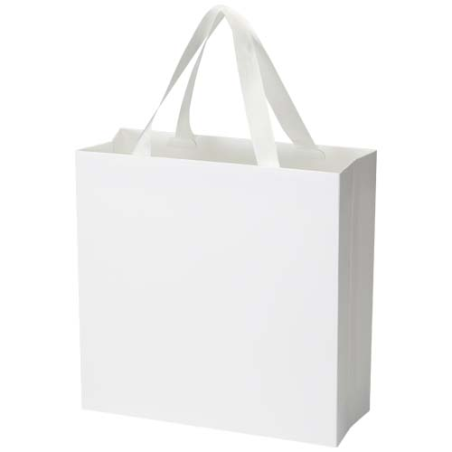 Sac publicitaire en papier certifié FSC 230 g/m² avec anses en ruban et pelliculage brillant 31 x 12 x 31 cm fabriqué en europe 