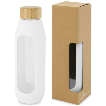Gourde personnalisée Tidan de 600&nbsp;ml en verre borosilicate avec grip en silicone