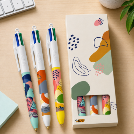 Coffret BIC® personnalisable avec 3 stylos 4 couleurs au choix en impression numérique