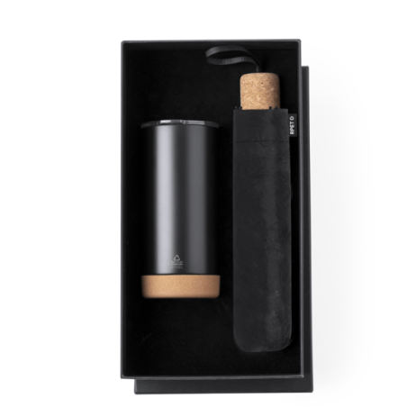 Coffret publicitaire Parapluie et gobelet isotherme en acier inoxydable et RPET Neolux