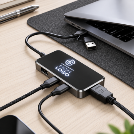 Hub publicitaire LED avec ports USB-A USB-C et port HDMI