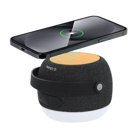 Enceinte publicitaire en polyester 300D RPET et bambou avec fonction chargeur 5w 1200 mAh