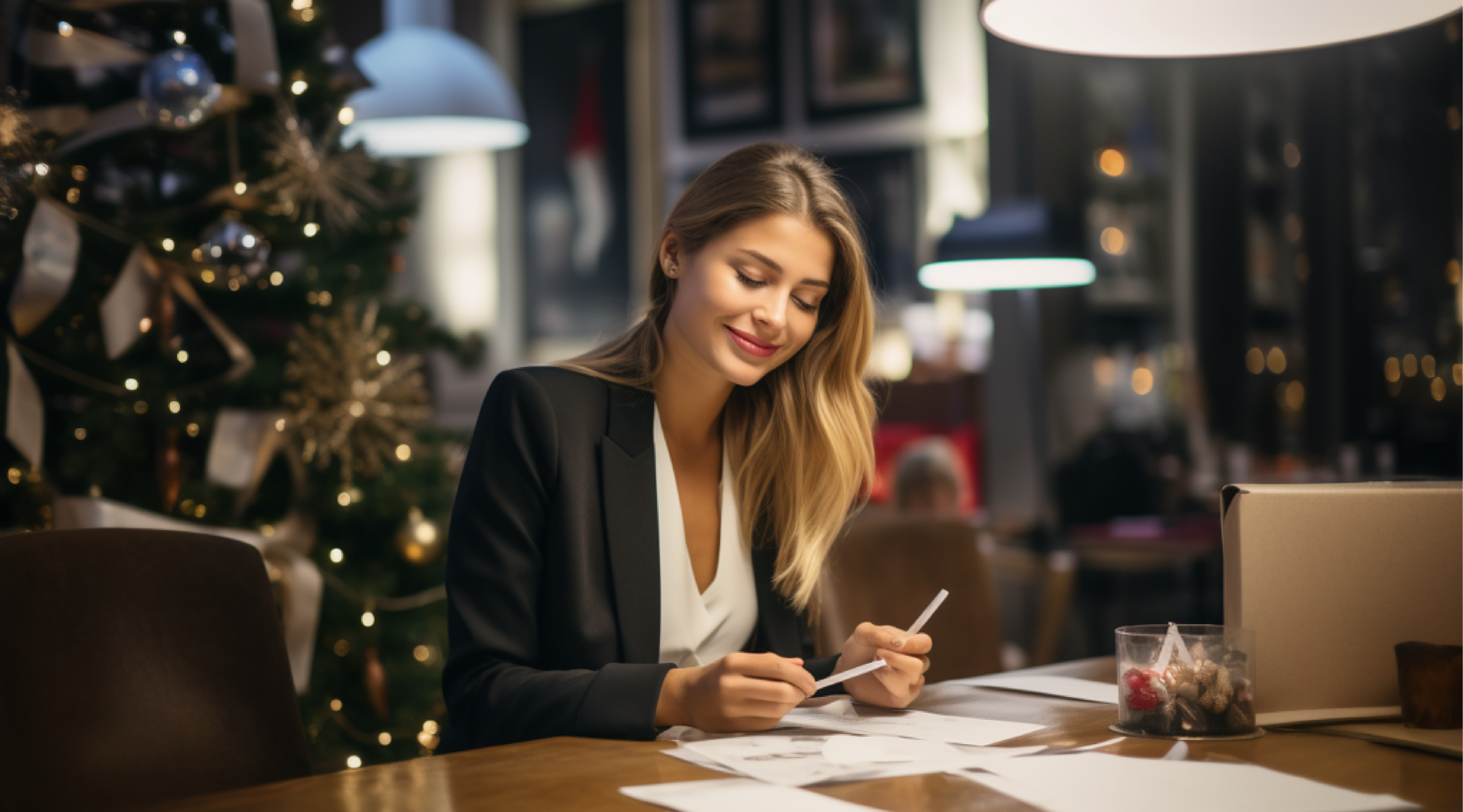 Femme ouvrant une carte de voeux personnalisée dans un open space d'entreprise