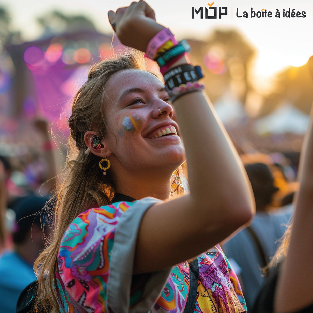 Femme lors d'une marche LGBT portant des bracelets personnalisés.