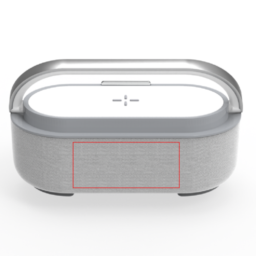 TES259 Enceinte personnalisable LED chargeur induction rapide - Sérigraphie delta enceinte led Sérigraphie (Couleurs max : 1, Surface max : N/A) - Sur le devant de l'enceinte, partie tissus (L: 70, H: 30)