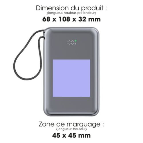 False Batterie externe personnalisée charge rapide 65W - 20000mAh - SHIBO - Tampographie Akashi Tampographie (Couleurs max : 3, Surface max : N/A) - Devant (L: 45, H: 45)
