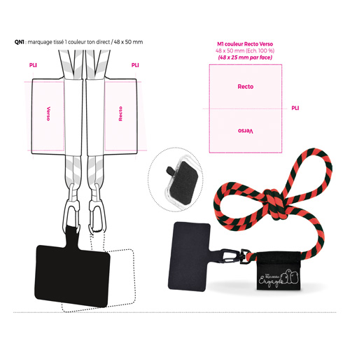LAN208BIS Lanyard personnalisable pour téléphone avec étiquette tisée - Chenille 2.0 - étiquette tissé étiquette tissé (Couleurs max : 1, Surface max : N/A) - Etiquette Devant (L: 48, H: 25)