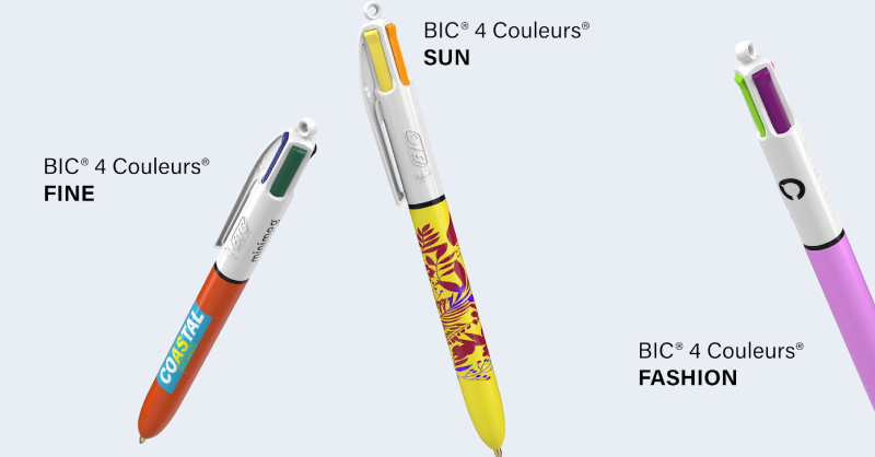 Photo mettant en avant le stylo 4 couleurs de la marque bic, le modèle "fashion" et "sun" avec des coloris d'encre tendances et spéciales